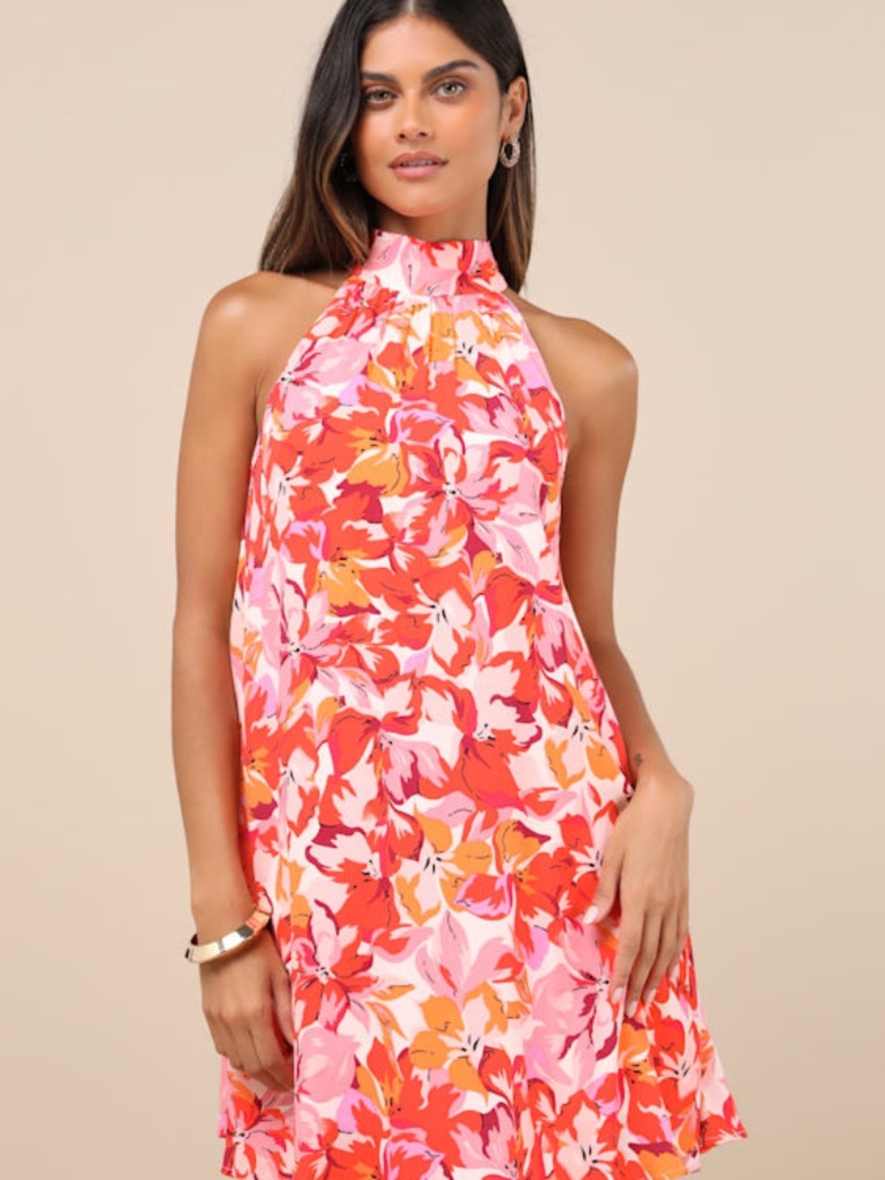 Lulus Tied Back To You Red And Pink Floral Print Mini Shift Dress - Size L